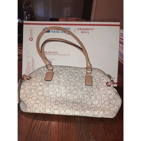 Calvin Klein Logo Tan Ivory Medium Top Handle Satchel Purse Handbag Bag - Picture 2 of 10